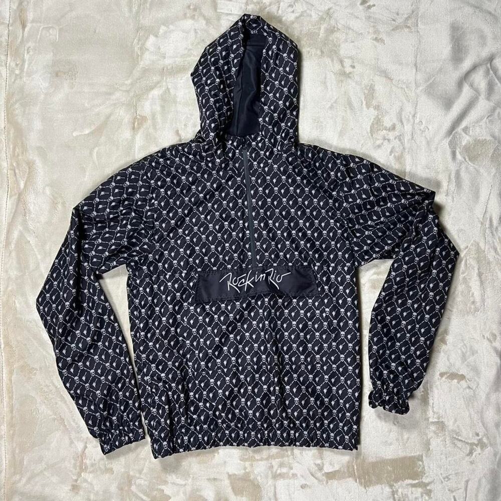 Rock In Rio Official Black Skull Guitar Print Hooded Anorak Windbreaker